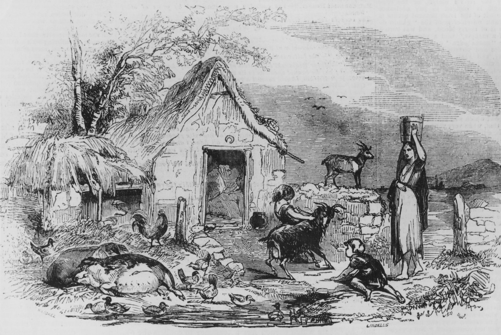 A woman and children with their livestock outside a peasant dwelling in Leinster in 1843. Originally published in the  Illustrated London News, 12th August 1843. Source: Illustrated London News/Hulton Archive/Getty Images