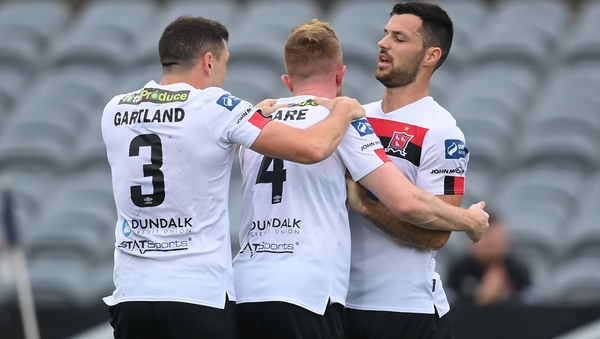 Dundalk players celebrate Sean Hoare's goal