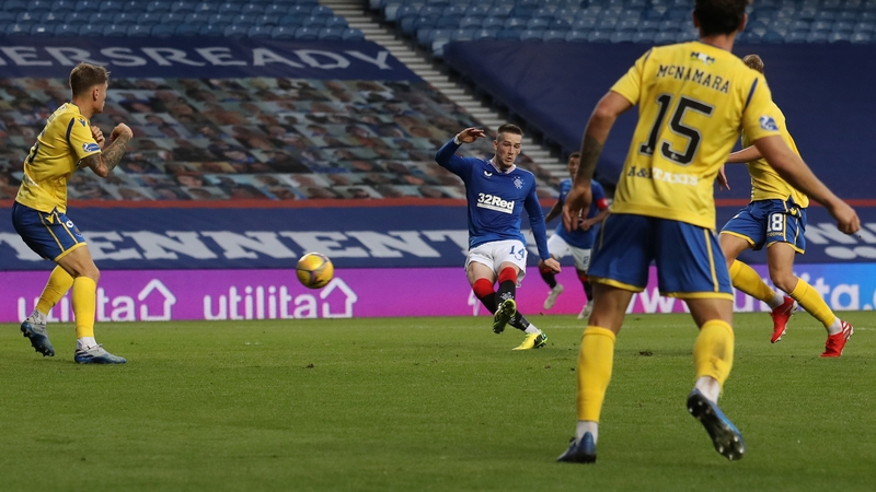Ryan Kent scores just before the break in Rangers' victory at Ibrox