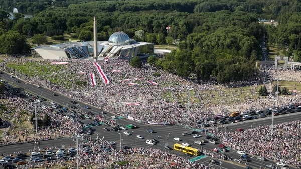 Tens of thousands of protesters gather for a rally at the Minsk Hero City Obelisk today