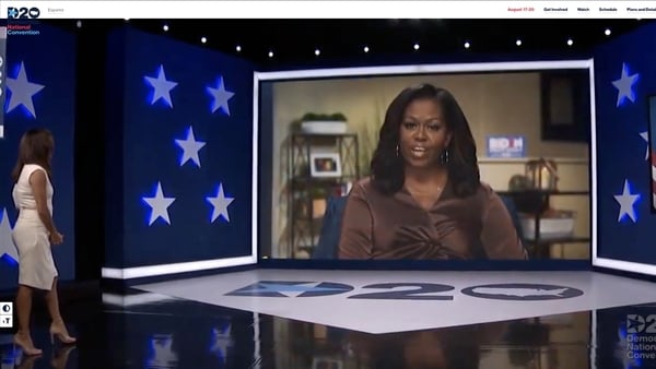 Actress and activist Eva Longoria (L) introduces Michelle Obama in the virtual Democratic convention