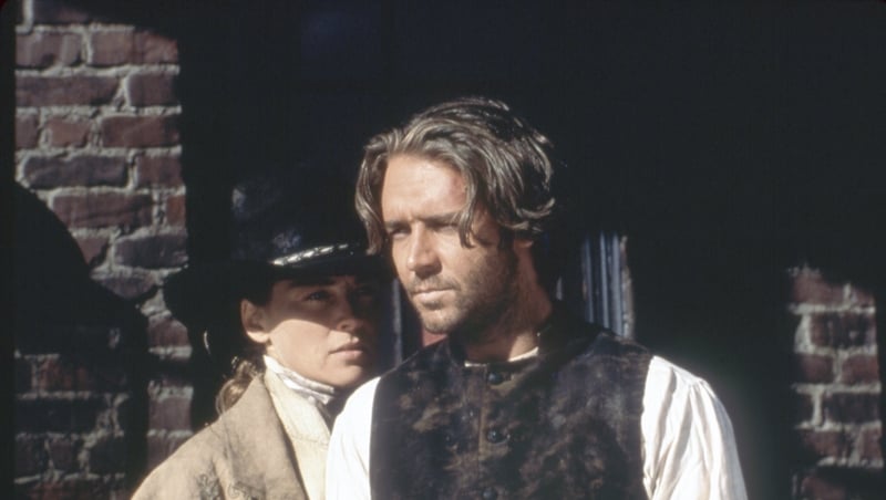 Sharon Stone and New Zealander actor Russell Crowe on the set of The Quick and the Dead, directed by Sam Raimi