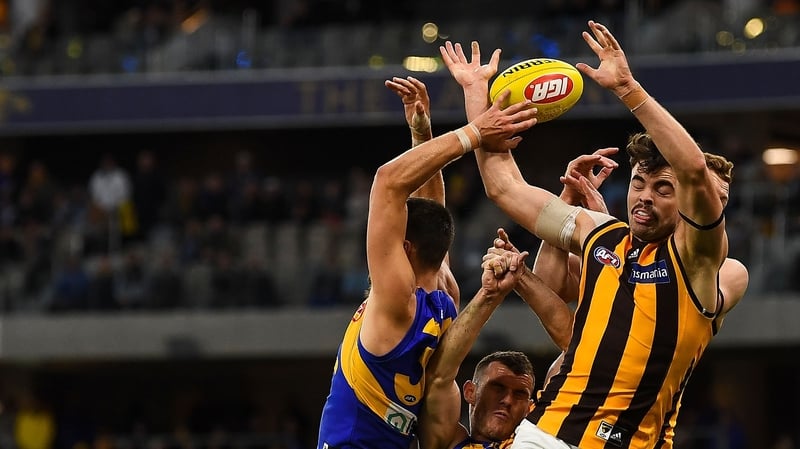 Conor Nash (R) competes for a mark against West Coast Eagles last weekend