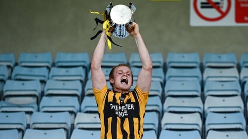 Shelmaliers' captain Simon Donohoe hoists the Dr RJ Bowe Cup aloft