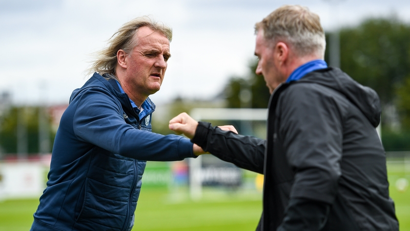 Finn Harps manager Ollie Horgan and Waterford boss John Sheridan greet