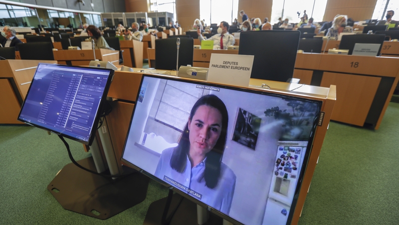 Exiled Belarus opposition leader Svetlana Tikhanovskaya spoke via video link from Lithuania with the European Parliament today