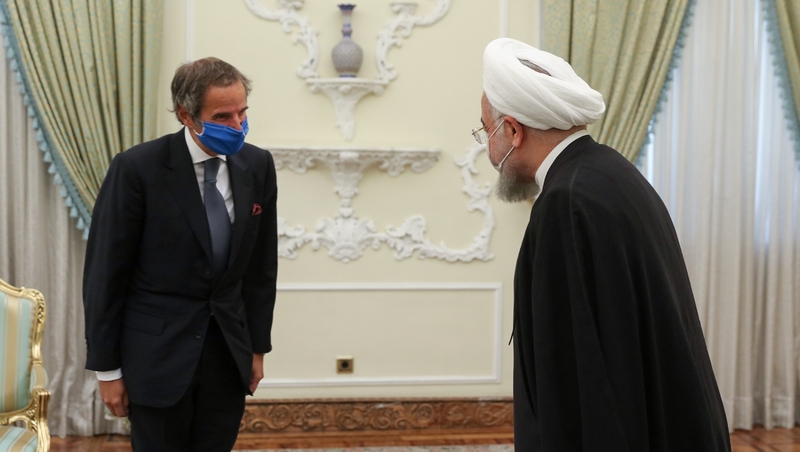 Iranian President Hassan Rouhani (R) meeting with Director General of the International Atomic Energy Agency (IAEA) Rafael Mariano Grossi (L) in Tehran