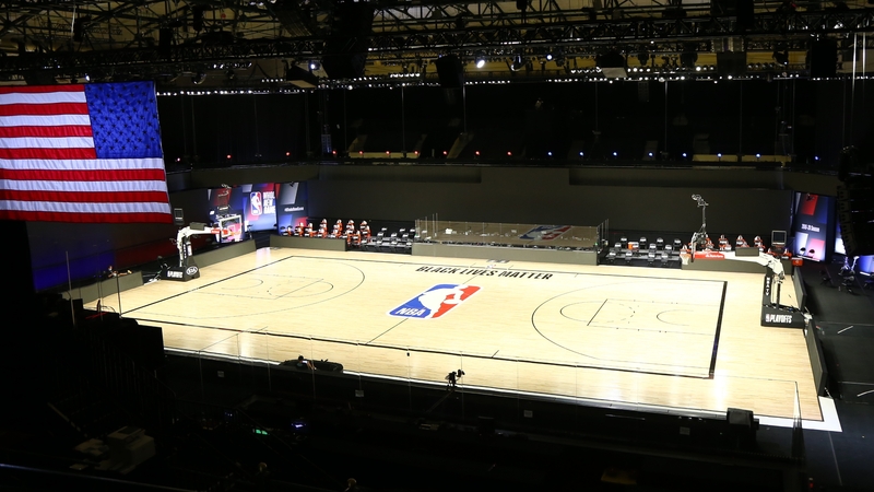 An abandoned court after the postponed NBA play-off between the Oklahoma City Thunder and the Houston Rockets