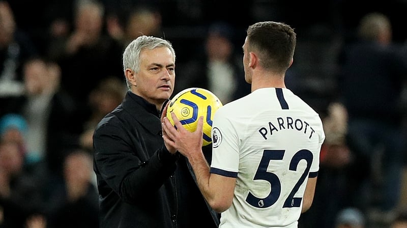 Jose Mourinho (L) and Troy Parrott after the Dubliner's Premier League debut last December