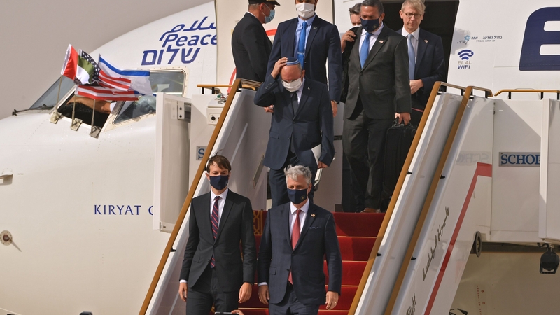 Jared Kushner (L) and US National Security Adviser Robert O'Brien (R) arriving in Abu Dhabi