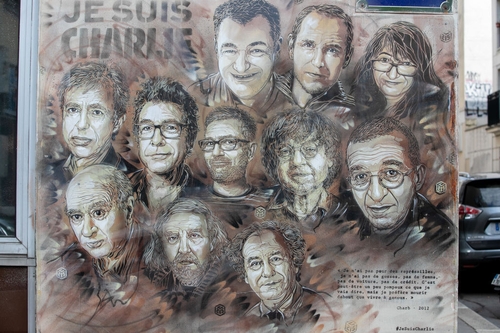 A tribute in Paris to staff members at Charlie Hebdo killed in January 2015