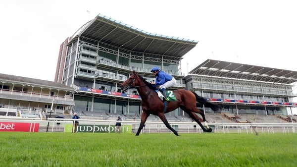 Ghaiyyath ridden by jockey William Buick on the way to winning the Juddmonte International Stakes