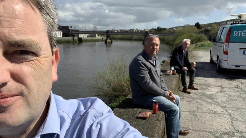Conor Kane with cameraman Brian Walsh and satellite van operator Tom Drury having a "socially-distanced lunch."