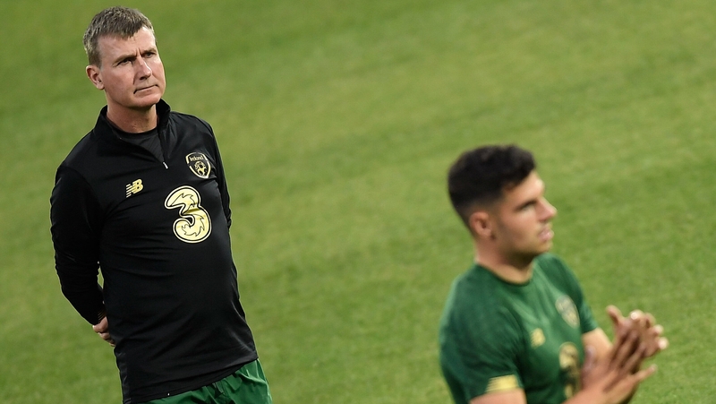 Stephen Kenny watches his side training on the pitch in Sofia ahead of the clash with Bulgaria on Thursday