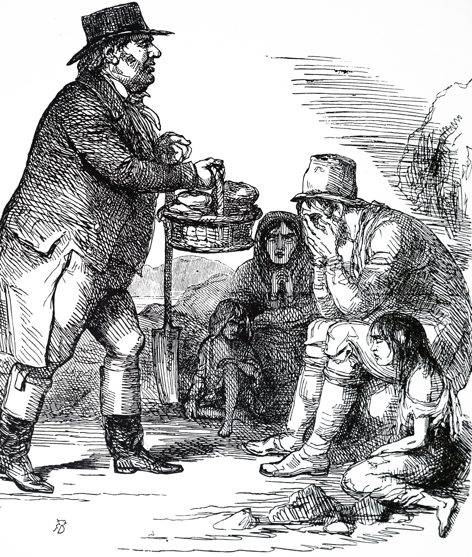 Famine cartoon shows John Bull giving food to hapless peasants (Source: Universal History Archive/Universal Images Group via Getty Images)
