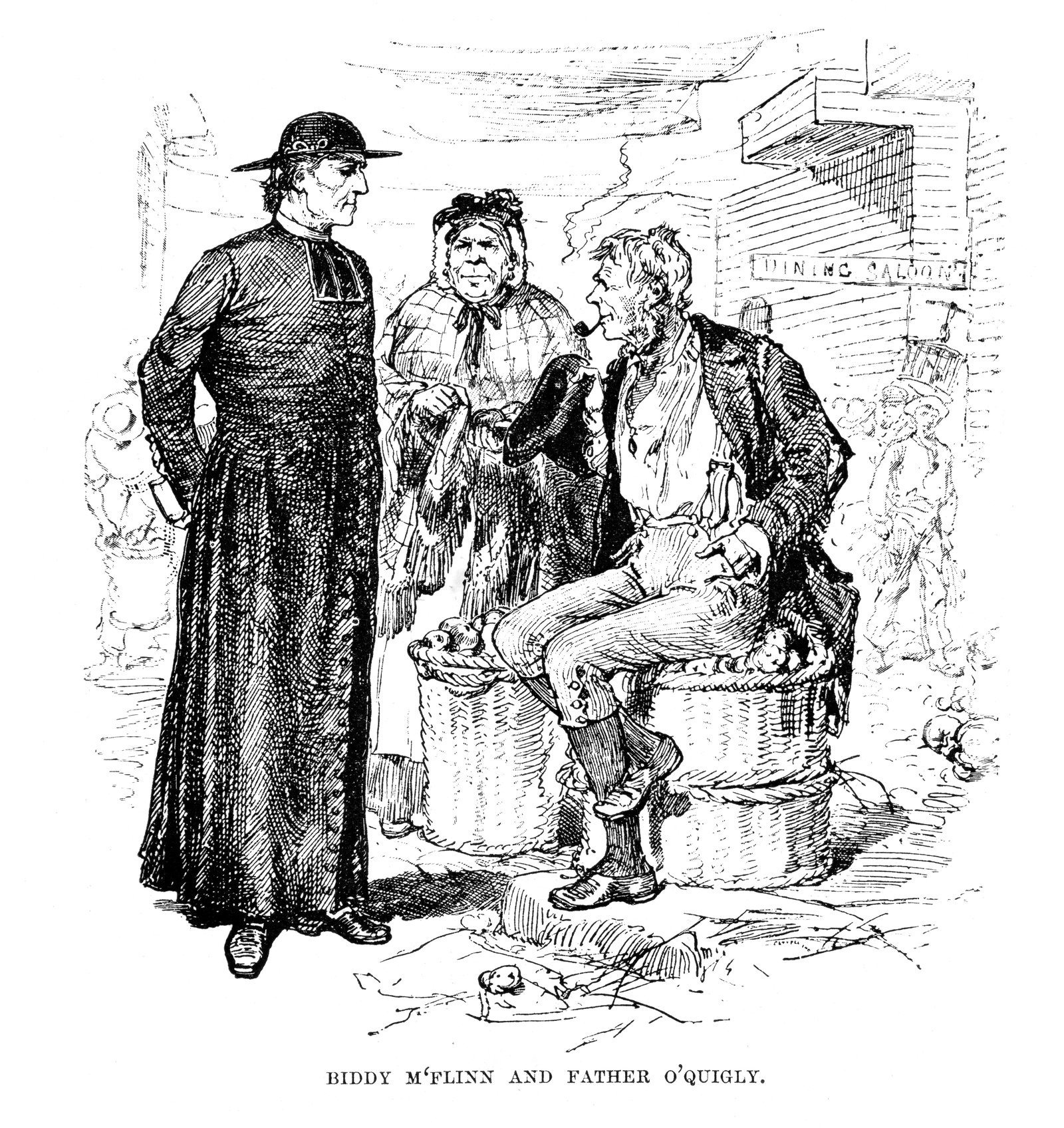 An engraving of fictional Irish immigrants Biddy M'Flinn and Father O'Quigly, New York. 1882. Source: Getty Images
