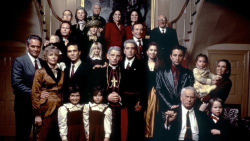 Diane Keaton, John Savage, Donald Donnelly, Al Pacino, Sofia Coppola, Andy Garcia, Eli Wallach and Talia Shire on the set of The Godfather Part III