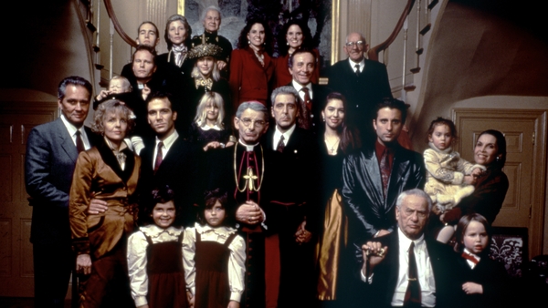 Diane Keaton, John Savage, Donald Donnelly, Al Pacino, Sofia Coppola, Andy Garcia, Eli Wallach and Talia Shire on the set of The Godfather Part III