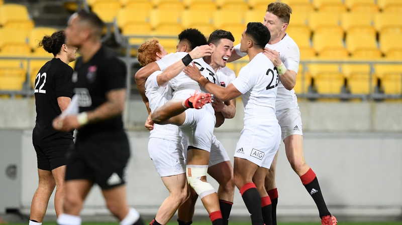 Will Jordan of South is congratulated by team mates after scoring a try during the North v South rugby match at Sky Stadium
