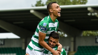 Graham Burke celebrates with goalscorer Danny Lafferty