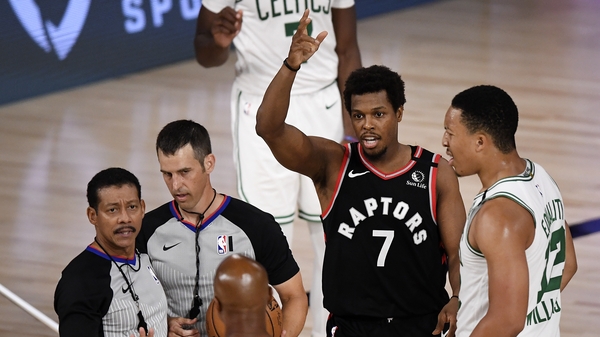 Kyle Lowry #7 of the Toronto Raptors reacts to a call during the fourth quarter against the Boston Celtics