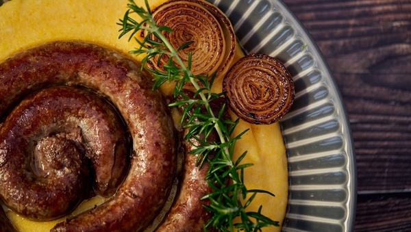 Boerewors, Parmesan polenta and charred onion and mustard gravy