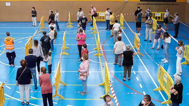 Inhabitants of the village of Sant Joan de les Abadesses wait to be tested for Covid-19, in Girona, Catalonia, Spain, today