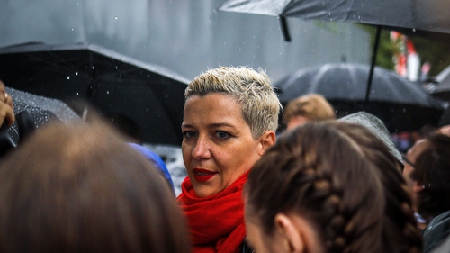Belarusian opposition politician Maria Kolesnikova at a protest rally in Minsk yesterday