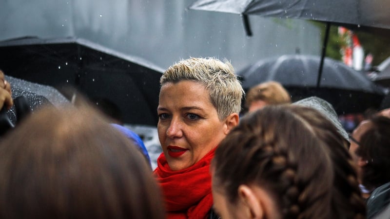 Belarusian opposition politician Maria Kolesnikova at a protest rally in Minsk yesterday