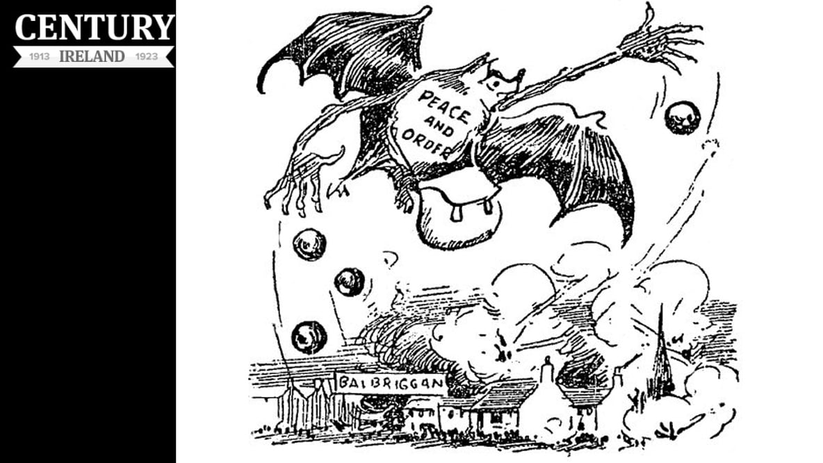 Century Ireland Issue 187 - Cartoon depicting the sack of Balbriggan Photo: Sunday Independent, 26 September 1920