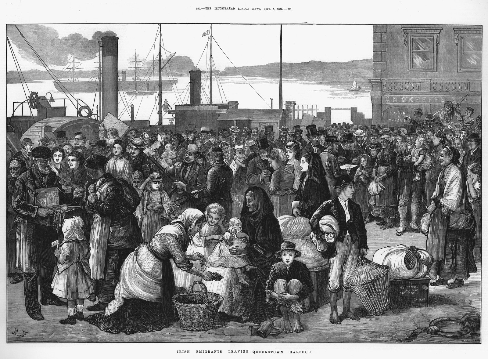 Irish emigrants leaving Queenstown (Cobh), the port for Cork, for the United States, 1874. Some are buying last-minute trinkets and good luck tokens. Source: Ann Ronan Pictures/Print Collector/Getty Images