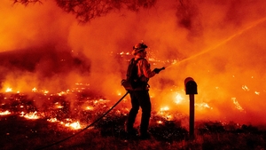 A Butte county firefighter douses flames at the Bear fire in Oroville