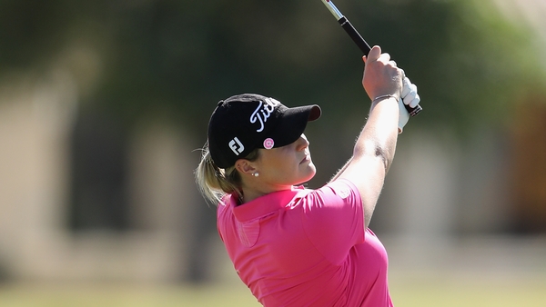 Amateur Olivia Mehaffey of Northern Ireland plays a shot on the 18th hole during a practice round on Wednesday