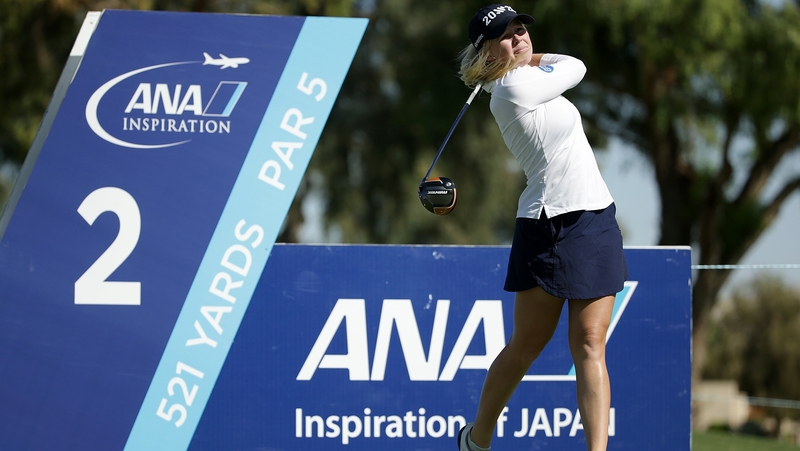 Stephanie Meadow plays her tee shot on the second hole