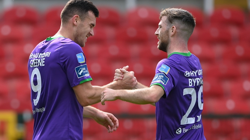 Jack Byrne congratulates goalscorer Aaron Greene