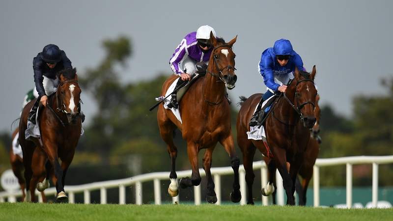 Magical, centre, with Seamie Heffernan up, races alongside eventual second place and favourite Ghaiyyath (R)