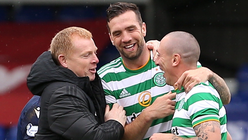 Neil Lennon, Shane Duffy and Scott Brown celebrate after the win over Ross County