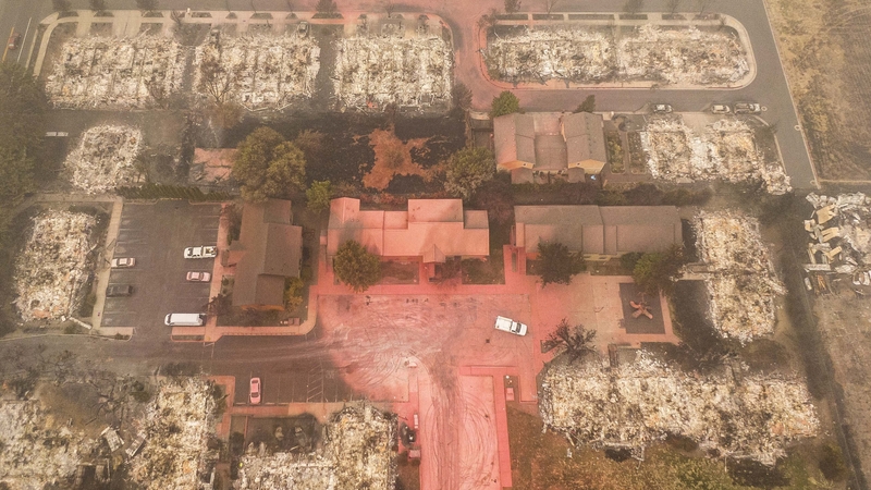 A drone photo shows some structures destroyed by wildfire in Talent, Oregon