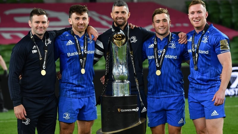 Fergus McFadden, Hugo Keenan, Rob Kearney, Jordan Larmour and Rory O'Loughlin pose with the Pro14 trophy