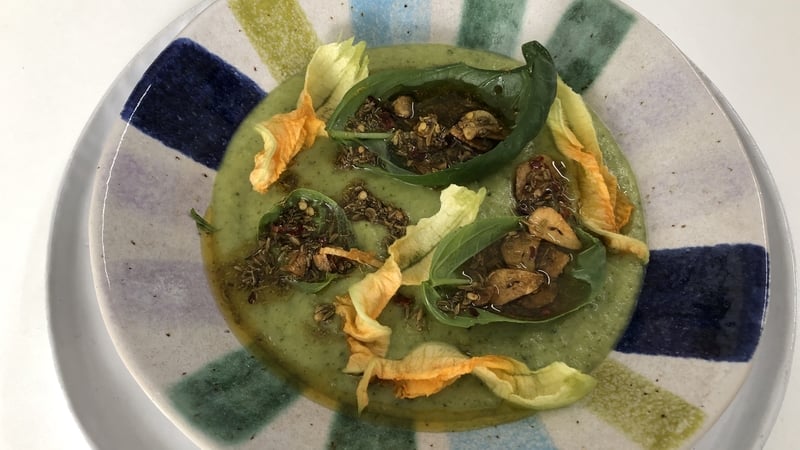 Rory's Courgette Soup with Basil and Garlic, Chilli and Fennel Oil