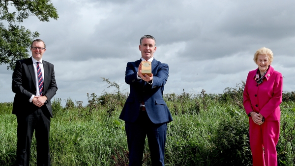 Mark Christal, from Enterprise Ireland, Minister Damien English and Anna May McHugh, Managing Director, National Ploughing Association are pictured at Hexafly which won an award for Sustainable Agriculture