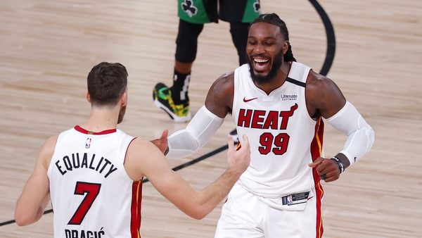 Jae Crowder and Goran Dragic of the Miami Heat react after their Game Two win over Boston Celtics