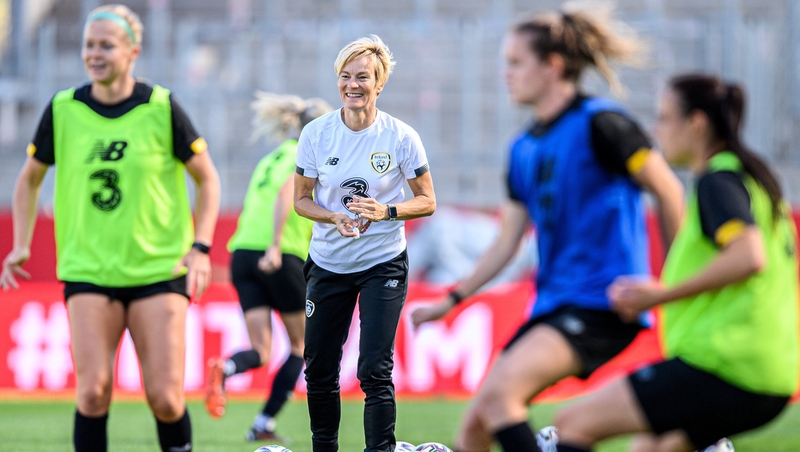 Ireland head coach Vera Pauw looks on as her side go through a training session at the stadium in Essen