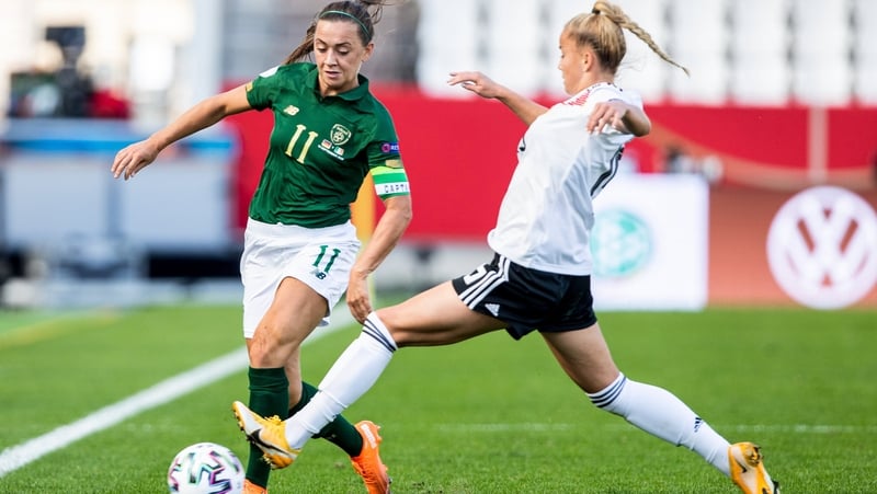 The Irish captain in aaction against Giulia Gwinn of Germany