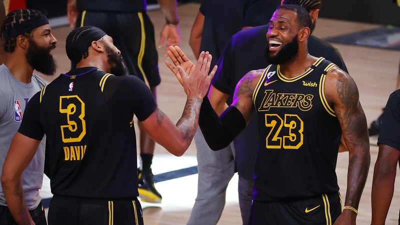 LeBron James congratulates matchwinner Anthony Davis as the Los Angeles Lakers moved into a 2-0 win