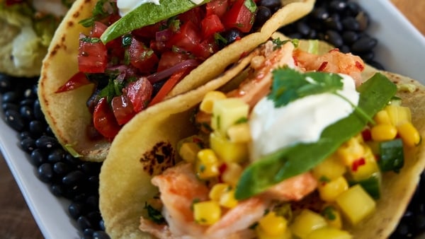 Catherine's Prawn tacos with mango sweetcorn salsa & red pepper and black bean tacos with Pico de Gallo.