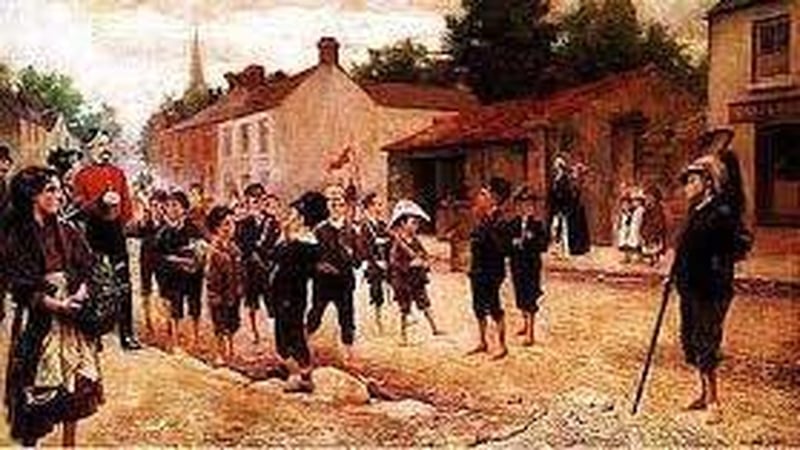 Military Maneuvers by Richard Thomas Moylan: a trooper from the 4th (Royal Irish) Dragoon Guards in Leixlip, Co. Kildare and his female companion, followed by a group of children. Image courtesy of National Gallery of Ireland