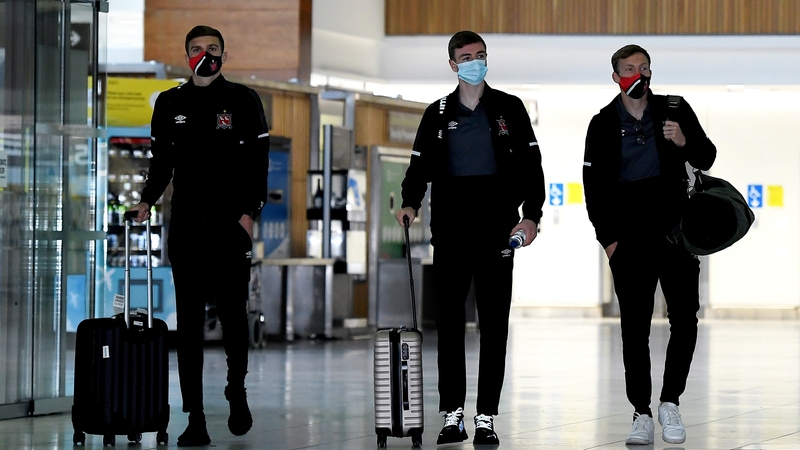 Sean Gannon, Daniel Kelly and David McMillan at Dublin Airport as Dundalk departed for Moldova on Tuesday
