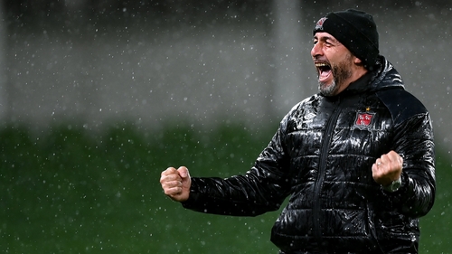 Dundalk head coach Filippo Giovagnoli celebrating after his side secured their place in the Europa League group stages