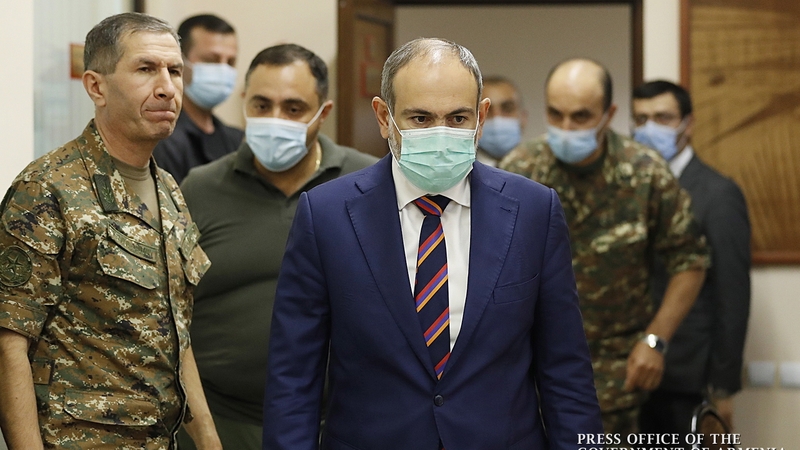 Prime Minister Nikol Pashinyan (C) after a meeting with the military leaders in Yerevan, Armenia
